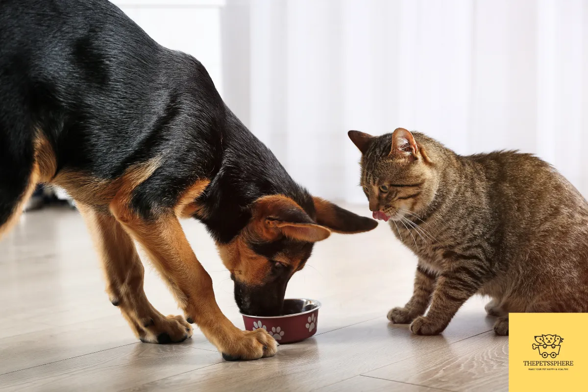 cute cat tries to eat dog food